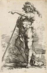 Standing Warrior, Holding a Long Staff Over His Shoulder and Pointing